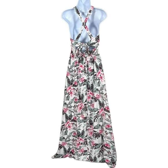 Sim & Sam Womens Pink/Gray/Green Tropical Smocked Lined V-Neck Maxi Dres… - Picture 8 of 14